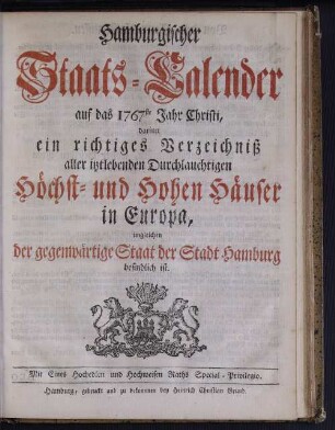 1767: Hamburgischer Staats-Kalender : auf das Jahr