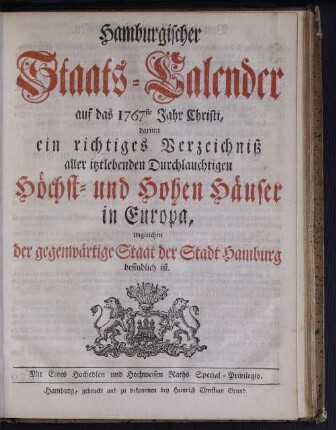1767: Hamburgischer Staats-Kalender : auf das Jahr