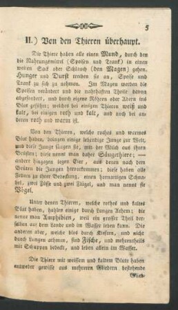 II.) Von den Thieren überhaupt