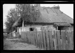 Reetgedecktes Haus mit Storchennest