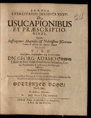Exercitatio Iuridica XXXV. De Usucapionibus Et Praescriptionibus