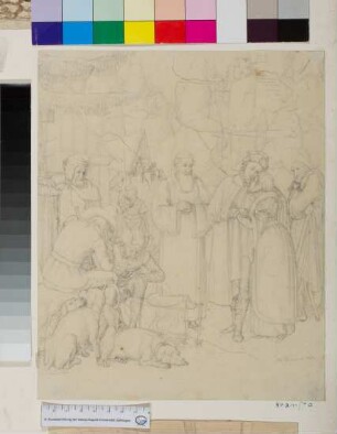 Historische Szene mit Liebespaar, Mönch und Männern ein Spanferkel rösten