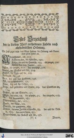 Erstes Verzeichniß der in diesem Werk enthaltenen Fabeln nach alphabetischer Ordnung.