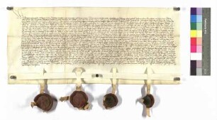 Pfalzgraf Ludwig bei Rhein verträgt Albrecht von Hohenlohe mit Cunz von Neideck wegen der Burg Neideck und Beutingen; Siegel der Pfalzgrafen, Hohenlohe und Neideck.