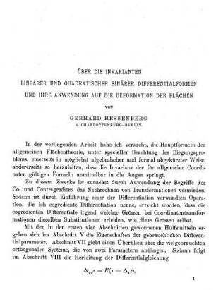 Über die Invarianten linearer und quadratische binärer Differentialformen und ihre Anwendung auf die Deformation der Flächen.