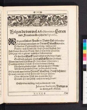 Folgen die von wol Affectionirten Herren vnd Freunden überschickte Epicedia.