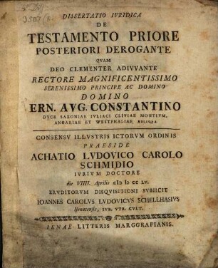 Dissertatio Ivridica De Testamento Priore Posteriori Derogante