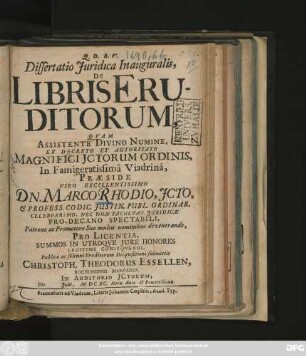 Dissertatio Iuridica Inauguralis, De Libris Eruditorum