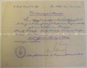 Vorläufiger Ausweis über die Verleihung des "Eisernen Kreuzes" für den Unteroffizier Johannes Paul; 18. Febr. 1916