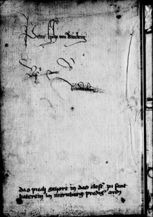 Besitzeintrag: Kloster St. Katharina Nürnberg: „Das puch gehort in das closter zu sant Katerein in Nurnberg prediger orden“; Federprobe (?): „Peter Hoho von Bamberg“