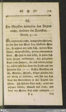 65. Die Starken bedürfen des Arztes nicht, sondern die Kranken. Matth. 9, 12