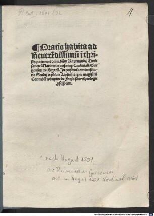 Oratio habita ad Reverendissimum D. D. Raymundum Cardinalem Gurtzensem ... Legatum in presentia universitatis Studii et plebis Lips.