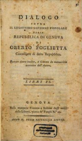Dialogo Sopra Il Legittimo Governo Popolare Della Repubblica Di Genova