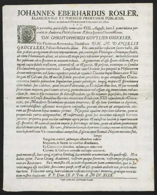 Johannes Eberhardus Rösler, Eloquentiae Et Poeseos Professor Publicus, Bonarum Artium & Humaniorum Literarum Cultoribus S. P. D.