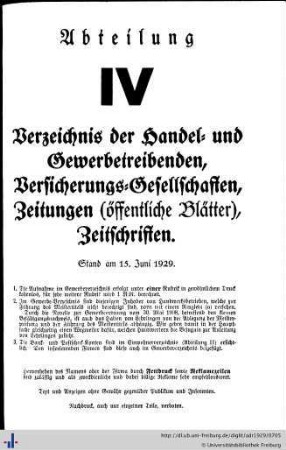 Abteilung IV. Verzeichnis der Handel- und Gewerbetreibenden, sowie andere Berufsarten. Versicherungsgesellschaften. Zeitungen und Zeitschriften, Geschäftsempfehlungen.
