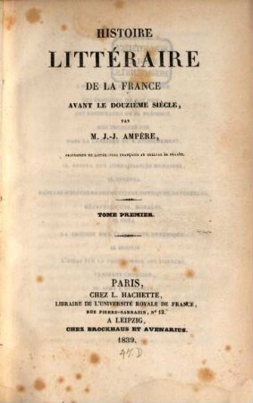 Histoire littéraire de la France avant le douzième siècle, 1