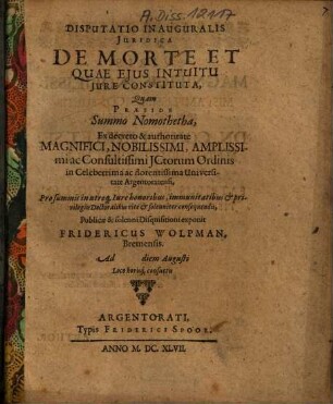 Dissertatio inauguralis iuridica de morte, et quae eius intuitu iure constituta