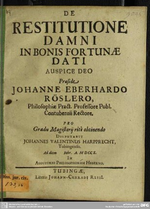 De Restitutione Damni In Bonis Fortunae Dati
