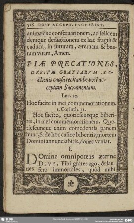 Piae Precationes, Debitae gratiarum Actionis causa recitandae post acceptum Sacramentum