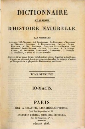 Dictionnaire classique d'histoire naturelle, 9. Io - Macis