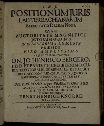 Positionum Juris Lauterbachianarum Exercitatio Decima Nona