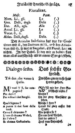 Dialogo sesto. Trà due, che vanno à spasso. / Das sechste Gespräch. Zwischen zweyen, so spazieren gehen.