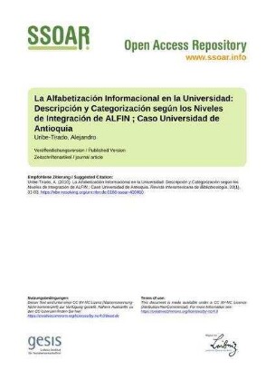 La Alfabetización Informacional en la Universidad: Descripción y Categorización según los Niveles de Integración de ALFIN ; Caso Universidad de Antioquia