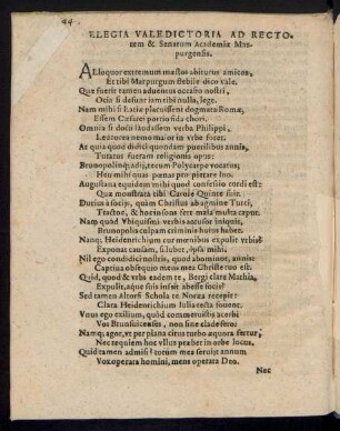 Elegia Valedictoria Ad Rectorem & Senatum Academiae Marpurgensis.