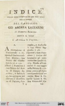 Indice delle cose contenute nei due tomi delle opere del Canonico. Gio: Andrea Lazzarini