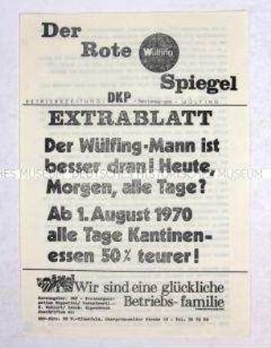 Hektografiertes Extrablatt der Zeitung der DKP-Betriebsgruppe der Firma Wülfing in Wuppertal zur Preiserhöhung für das Kantinenessen