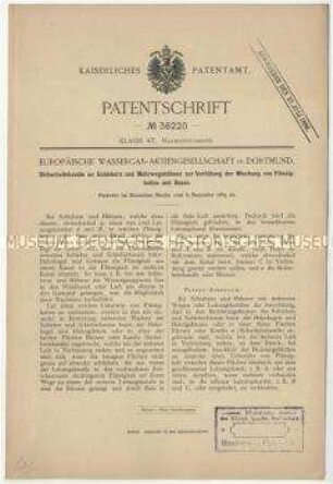 Patentschrift über Sicherheitskanäle an Schiebern und Mehrweghähnen zur Verhütung der Mischung von Flüssigkeiten und Gasen, Patent-Nr. 36220
