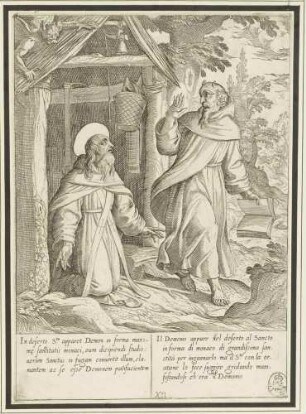 Antonius Abbas wird von einem als Mönch verkleideten Dämon heimgesucht (Blatt 12 der Folge zum Leben des Antonius Abbas)
