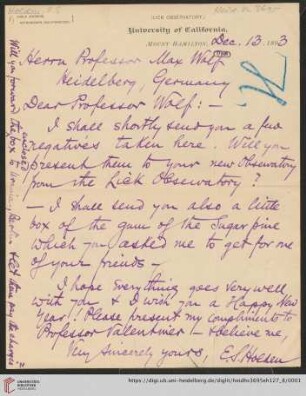 Brief von Edward Singleton Holden an Max Wolf: Brief von Edward Singleton Holden von Lick Observatory an Max Wolf