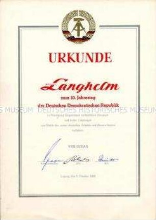 Urkunde anlässlich des 20. Jahrestages der Deutschen Demokratischen Republik