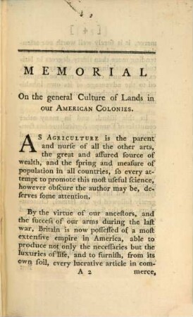 Memorial on the general Culture of Lands in our American Colonies