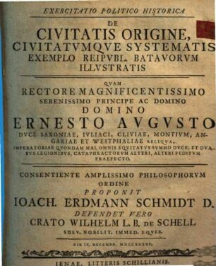 Exercitatio Politico Historica De Civitatis Origine, Civitatvmqve Systematis Exemplo Reipvbl. Batavorvm Illvstratis