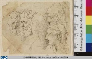 Skizzenblatt mit zwei Männer- und drei Frauenköpfen