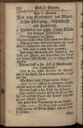 Das L. Examen. Von dem Sacrament des Altars, dessen Einsetzung, Geheimnisse und Handlung