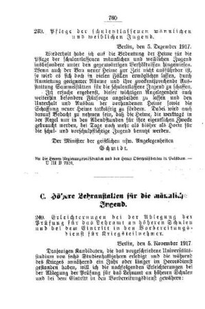 Pflege der schulentlassenen männlichen und weiblichen Jugend : [B. Allgemeine Angelegenheiten der Unterrichtsanstalten]