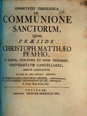 Diss. theol. de communione sanctorum