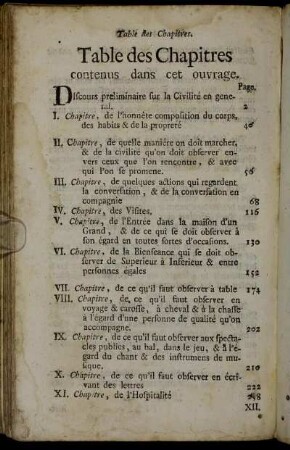 Tables des Chapitres contenus dans cet ouvrage. = Verzeichniß der Kapitel, so in diesem Werk enthalten sind.