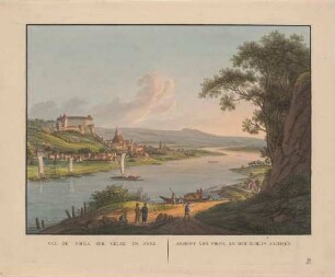 Stadtansicht von Pirna mit dem Sonnenstein und der Marienkirche von Posta im Nordosten über die Elbe