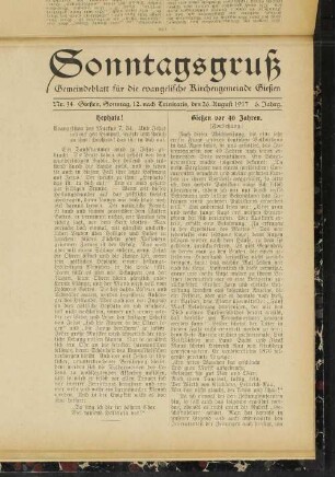 Sonntagsgruß : Gemeindeblatt für die Evangelische Kirchengemeinde Gießen