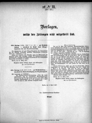 Anlage: ad No.22. (270-271.), Vorlagen, welche den Zeitungen nicht mitgeteilt sind