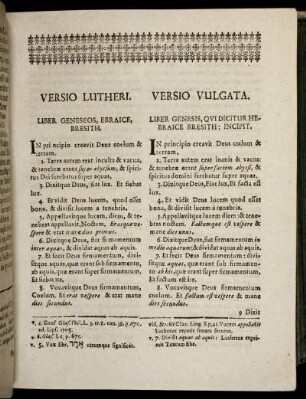 Versio Lutheri Liber Geneseos Ebraice Bresith. / Versio Vulgata. Liber Genesis, Qui Dicitur Hebraice Bresith: Incipit.