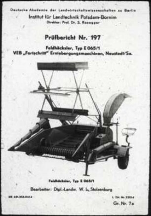 Titelblatt eines prüfberichtes - hier Beispiel Feldhäcksler E 065/1
