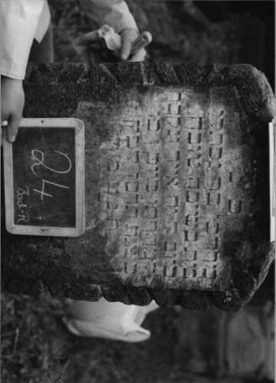 Grabstein 24 (Index: 99753456) Material: Kalkstein ? Zustand: stark verwittert Maße HxBxT: 110x60x40 cm Beschreibung: Rustica-Stele, Rustica-Sockel: Grabstein 24 (Nachholaufnahme 1)
