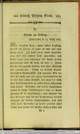 67. Gleim an Lessing. Halberstadt, d. 24. März 1772
