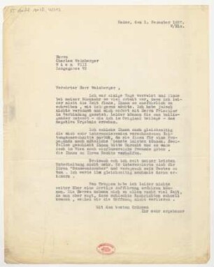Brief an Carl Weinberger : 01.12.1927