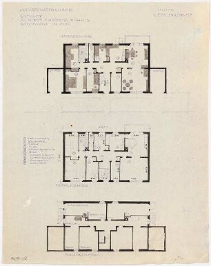 Zweifamilienhaus Monatskonkurrenz Februar 1930: Grundriss Keller, Erdgeschoss, Obergeschoss 1:100